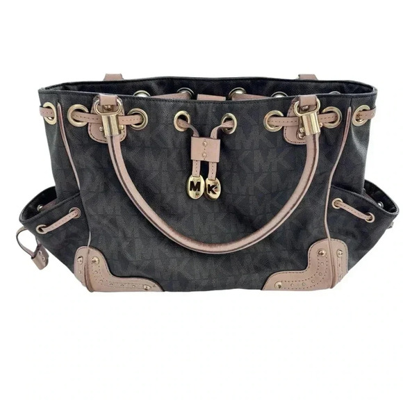 Michael Kors Brown/Beige Monogram Coated Canvas and Leather Drawstring Bag - Picture 1 of 16